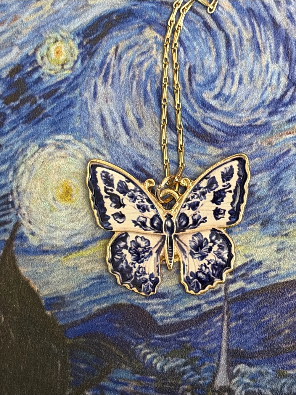 Gold-Tone Butterfly Pendant Necklace in Blue and White